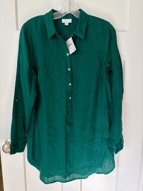 J Jill Love Linen Tunic Top Womens S Green Button Front Roll Tab Sleeve Boho NWT
